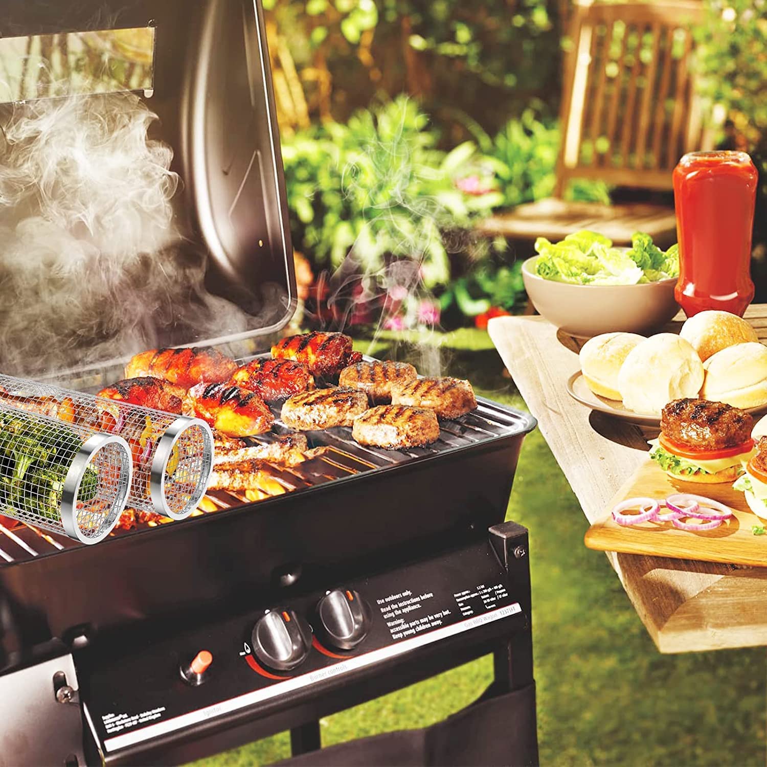 Mancola BBQ Net Tube Rolling Basket capacity—feeds nine with three baskets.
