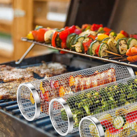 Mancola BBQ Net Tube Rolling Basket cleanup—dishwasher safe.