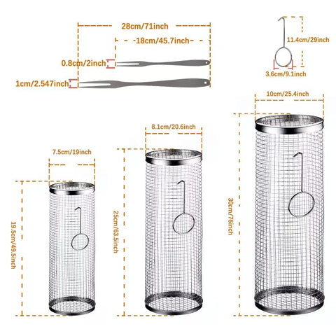 Mancola BBQ Net Tube Rolling Basket fish—perfect for salmon and shrimp.