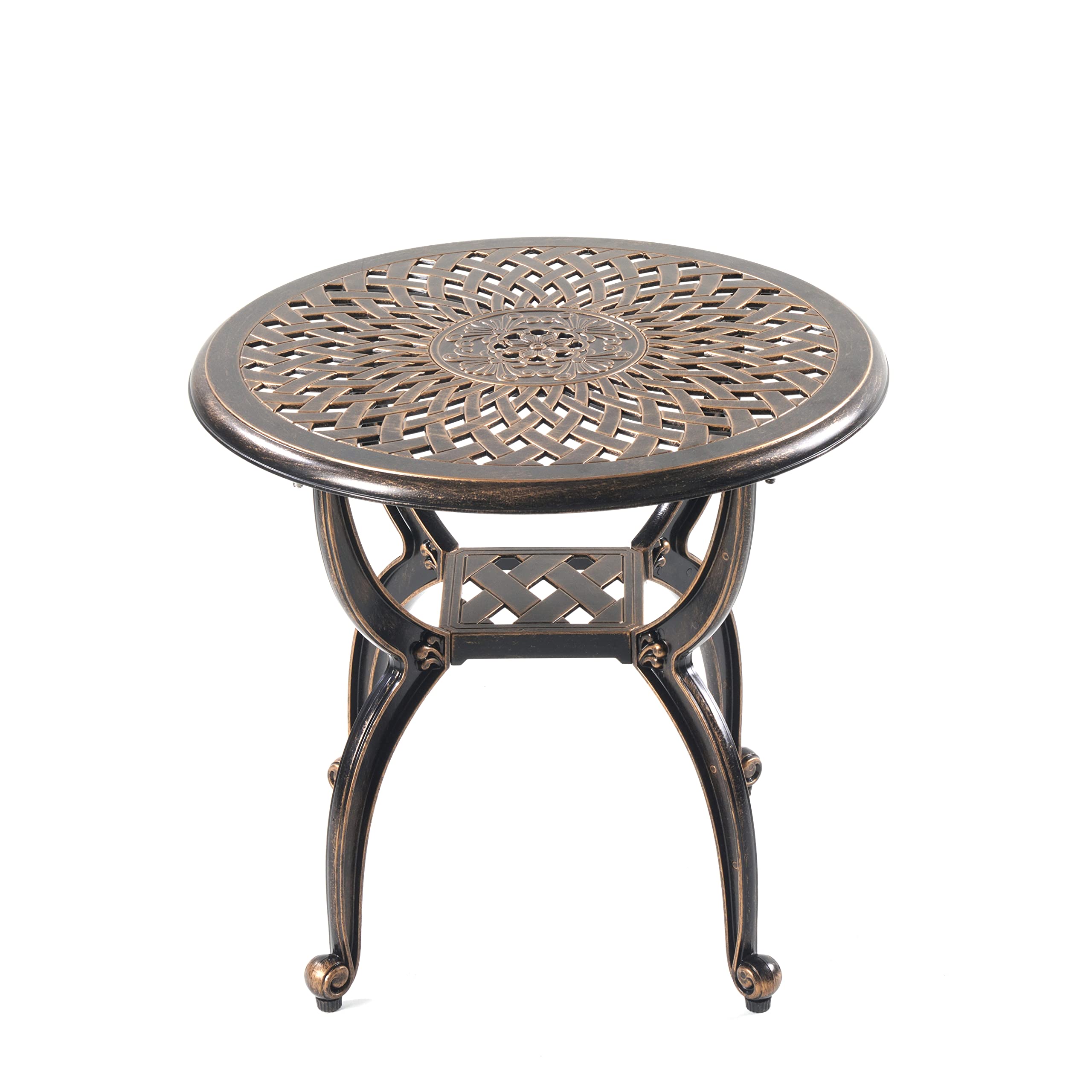 Mandolin outdoor table includes assembly guide and woven coaster for setup.