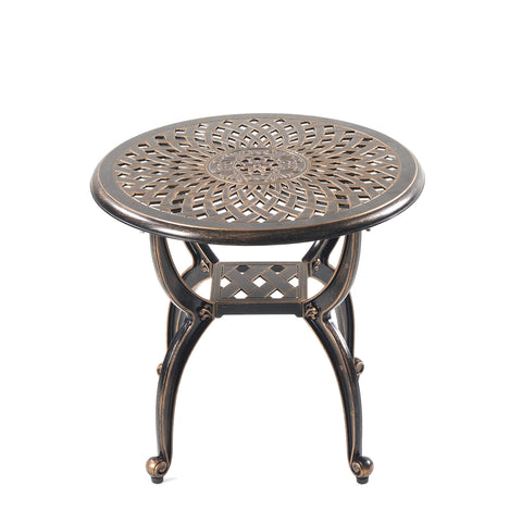 Mandolin outdoor table includes assembly guide and woven coaster for setup.