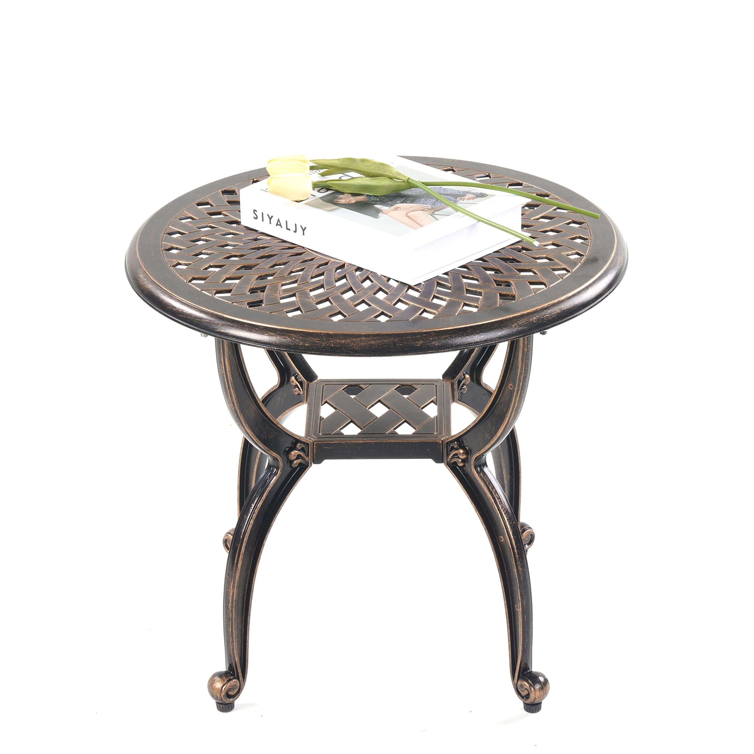 Mandolin outdoor side table with copper finish, rust-resistant aluminum, ideal for patio decor.