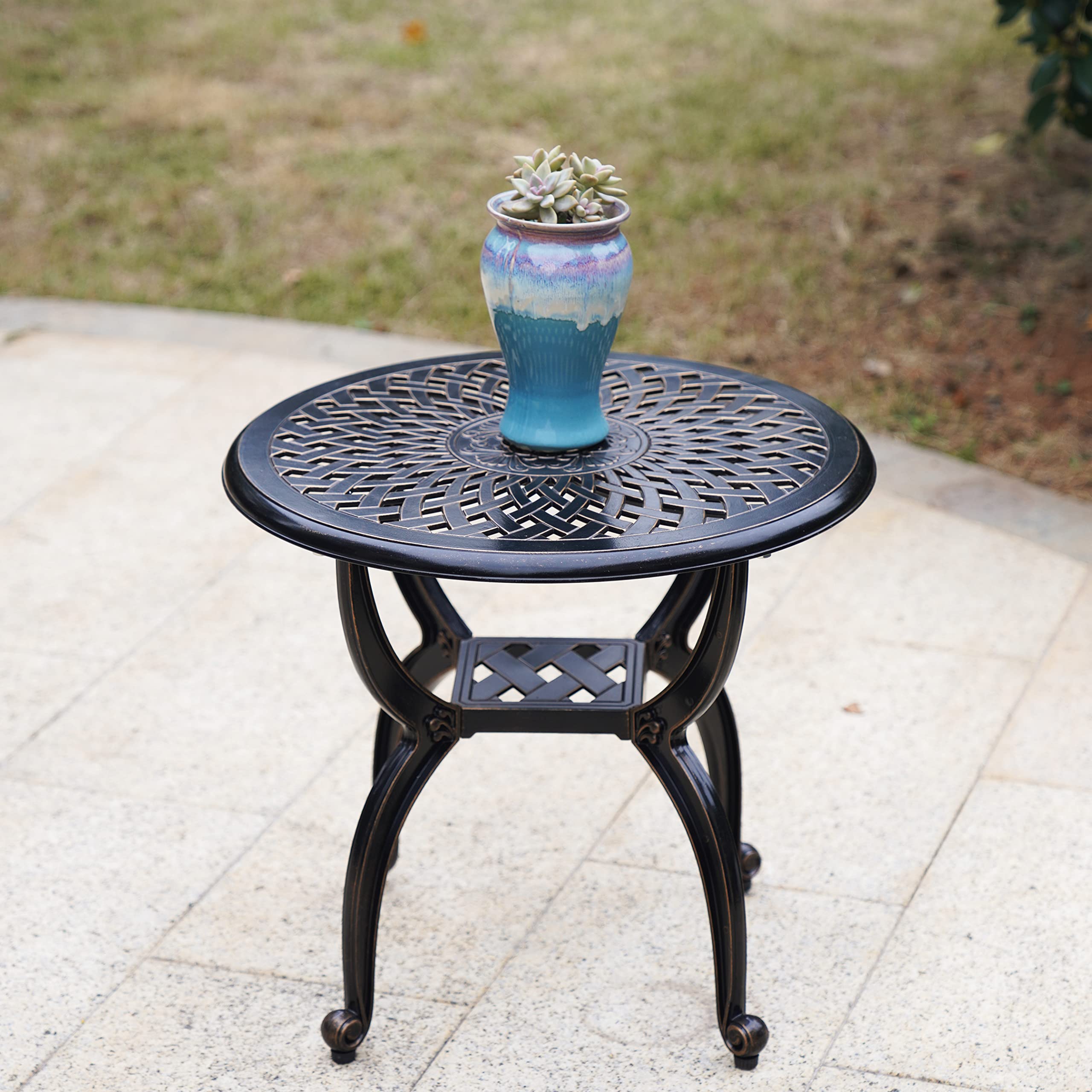 Mandolin weatherproof copper-toned table ideal for outdoor entertaining.