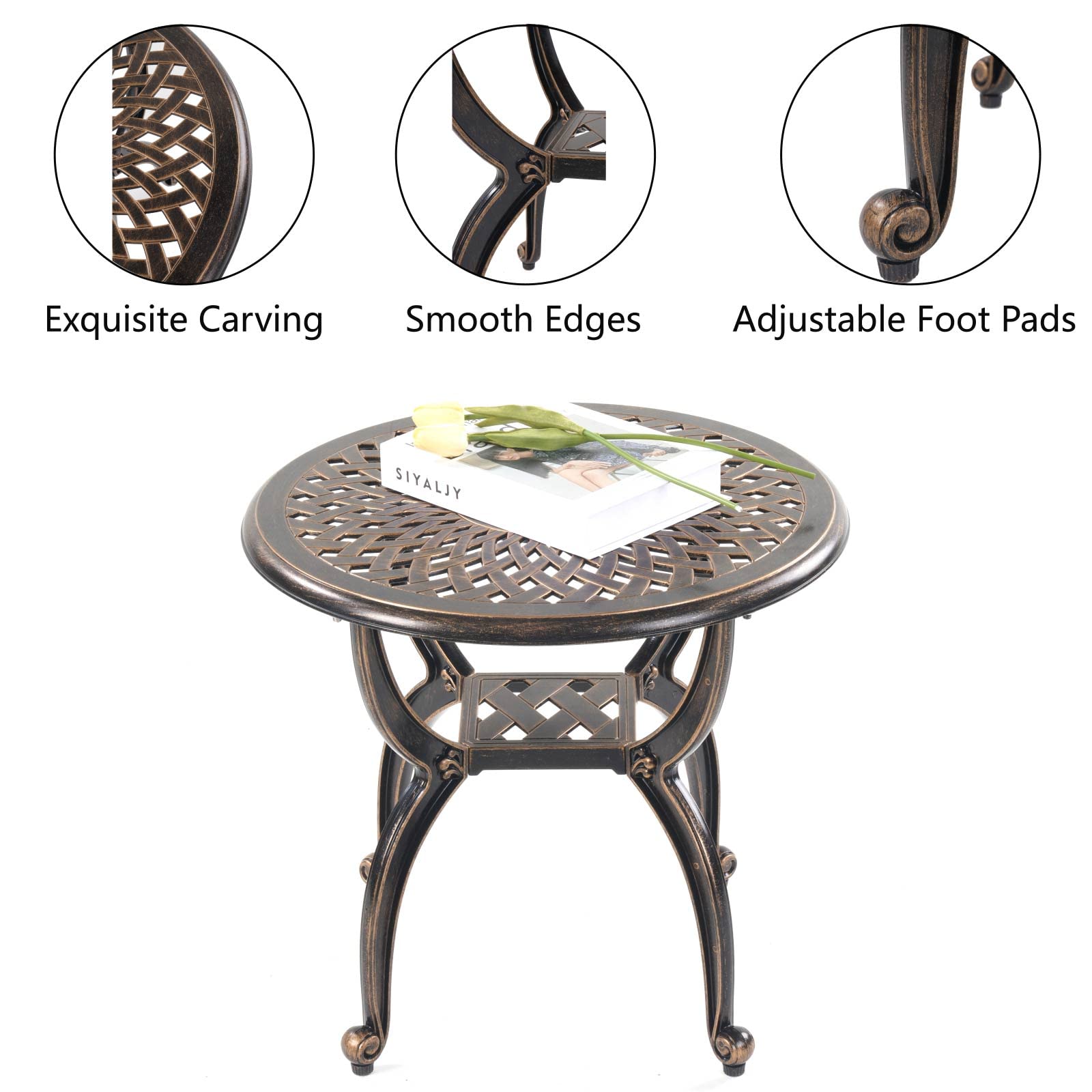 Mandolin patio side table features smooth surface and compact 20.8x20.8 inches.