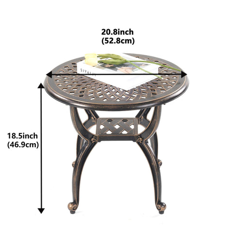 Mandolin end table with weave detail and water-shedding design for rain days.