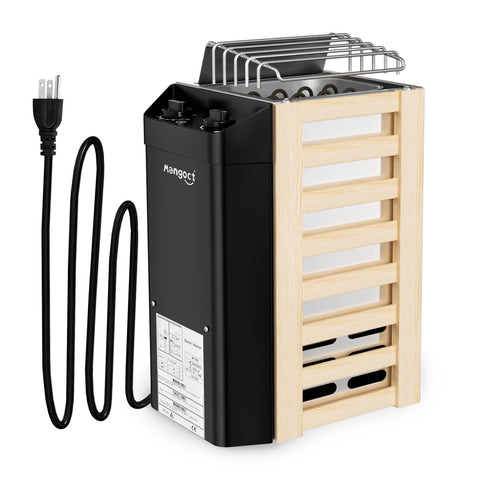 Mangoct 3KW 110V sauna heater mounted on wall for quick, even heat in small rooms.