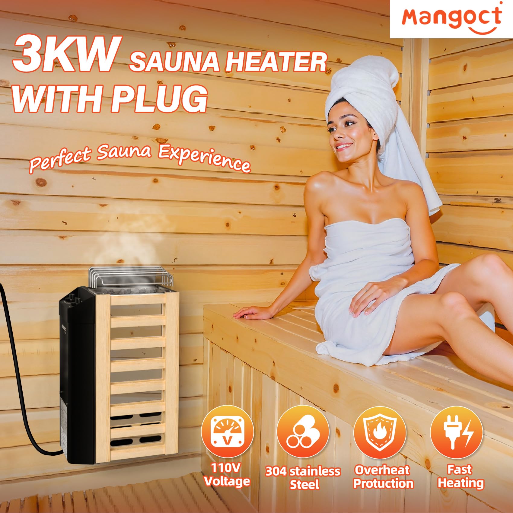 Mangoct sauna heater with 6 ft safety cord ensuring stable power delivery.