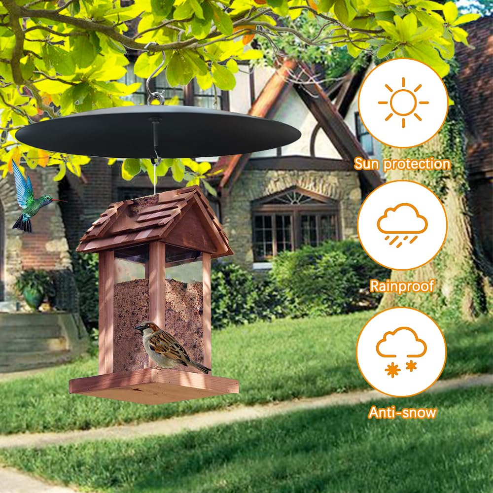 Manlikamu Bird Feeder Baffle installed on a garden tree blocks rain and wind.