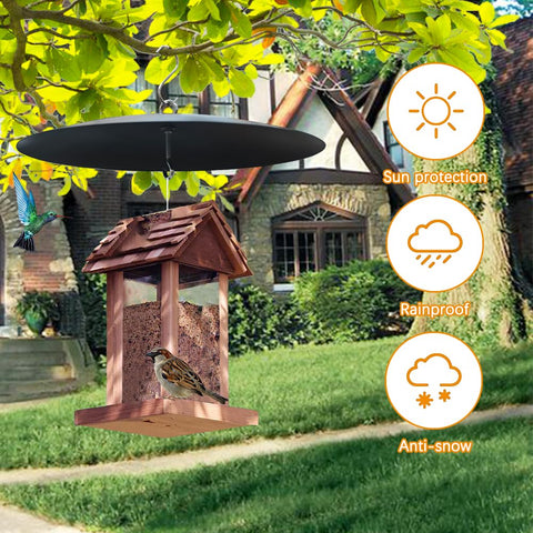 Manlikamu Bird Feeder Baffle installed on a garden tree blocks rain and wind.