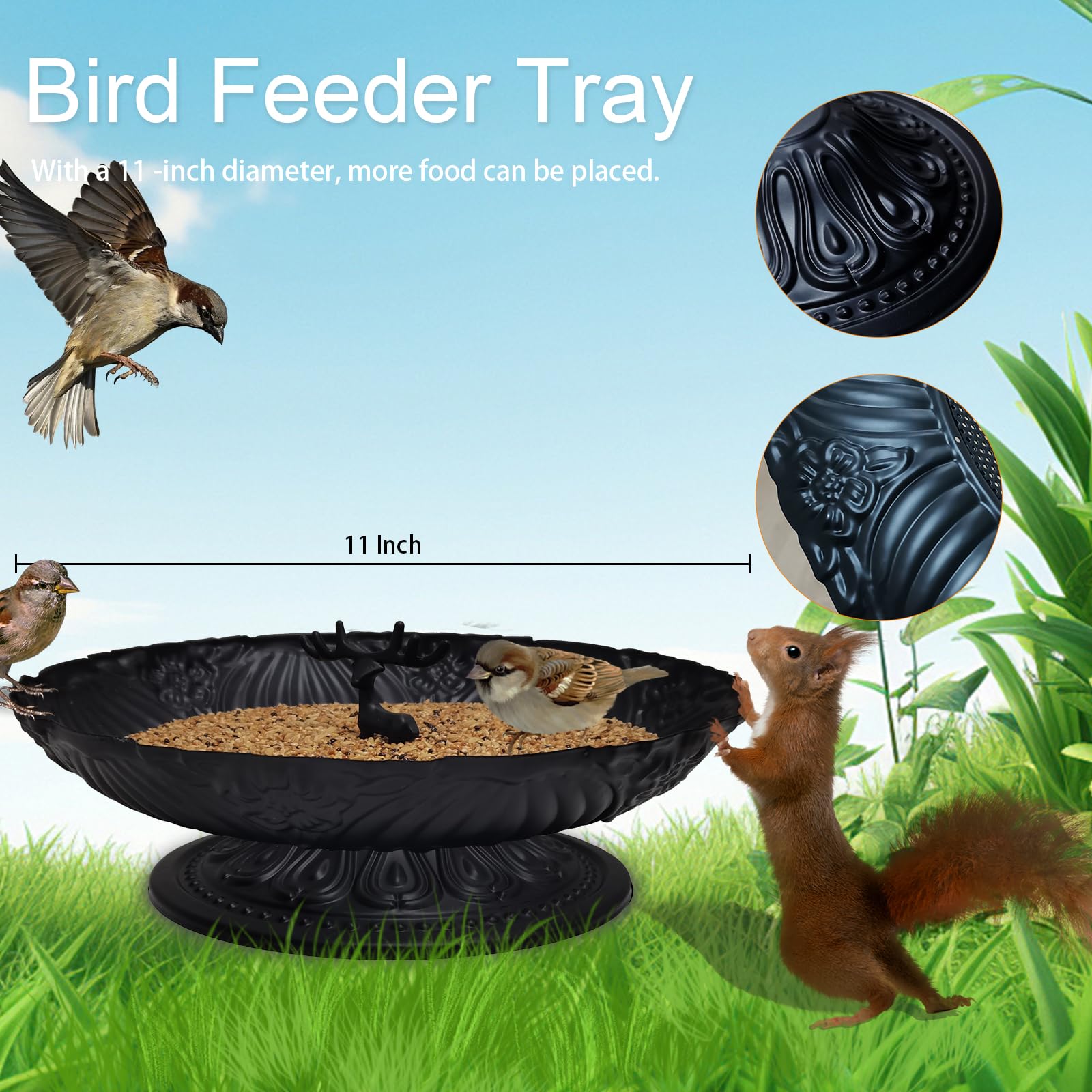 Manlikamu feeder with mesh bottom drains water to keep seed dry.