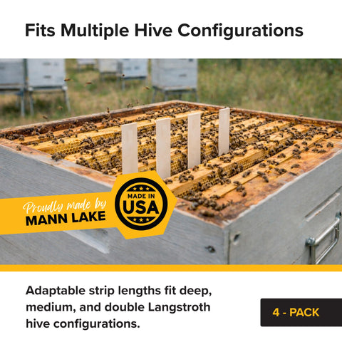Mann Lake Apivar 2.0 strip placed between frames for brood nest contact.