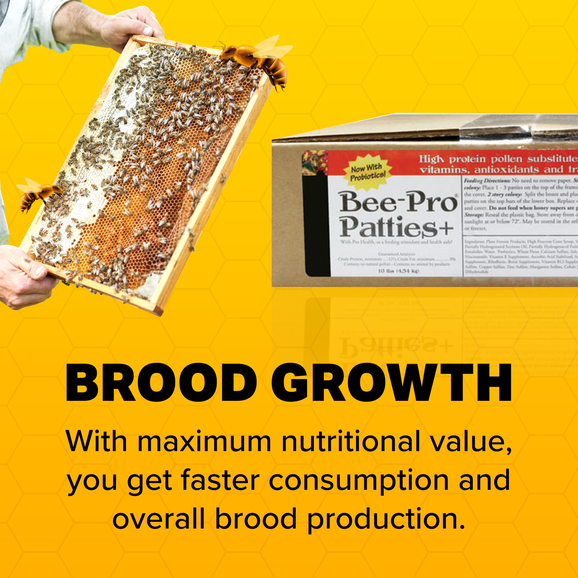Mann Lake Bee-Pro Patties brood builder concept suggesting stronger colony growth.