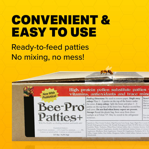 Mann Lake Bee-Pro Patties label closeup highlighting Pro Health digestive aid for nutrient uptake.