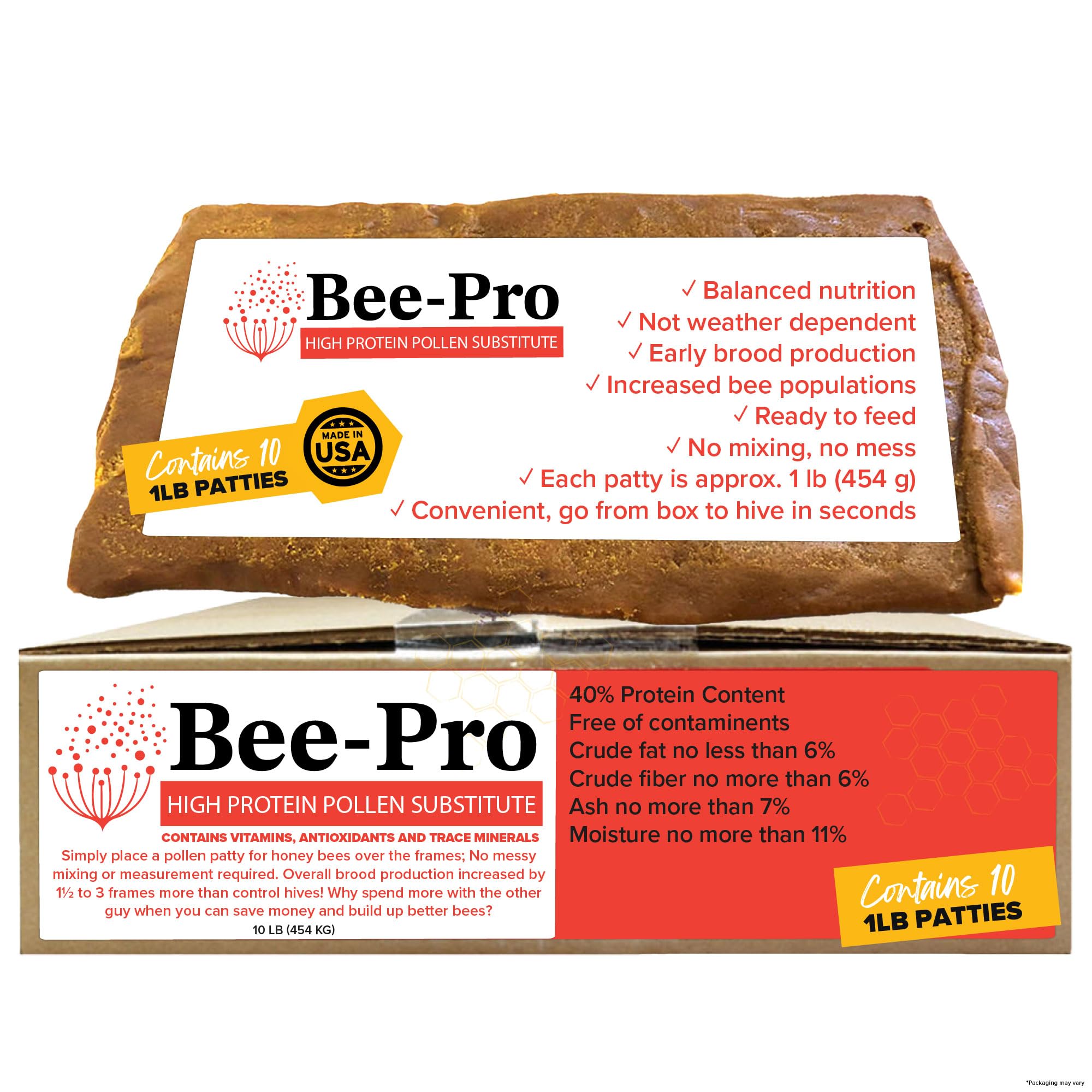 Mann Lake Bee-Pro Patties packaging closeup showing balanced protein nutrition for brood growth.