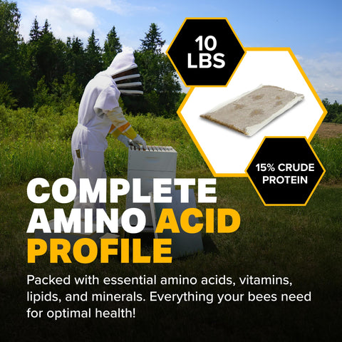 Mann Lake Ultra Bee Pollen Patties ingredients visual showcases vitamins and amino acids for nutrition.