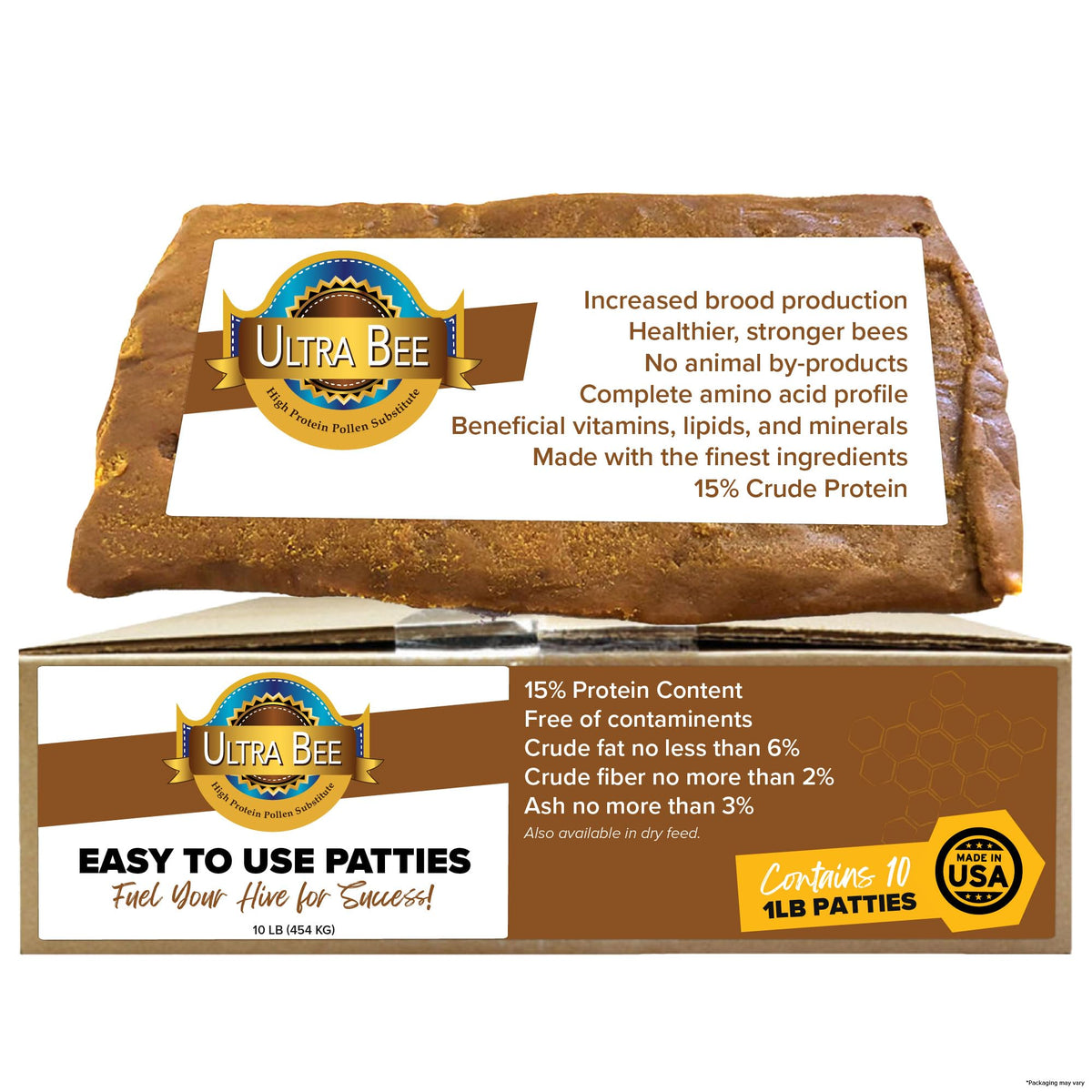 Mann Lake Ultra Bee Pollen Patties packaging shows USA-made quality for dependable feeding.