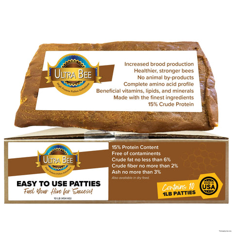 Mann Lake Ultra Bee Pollen Patties packaging shows USA-made quality for dependable feeding.