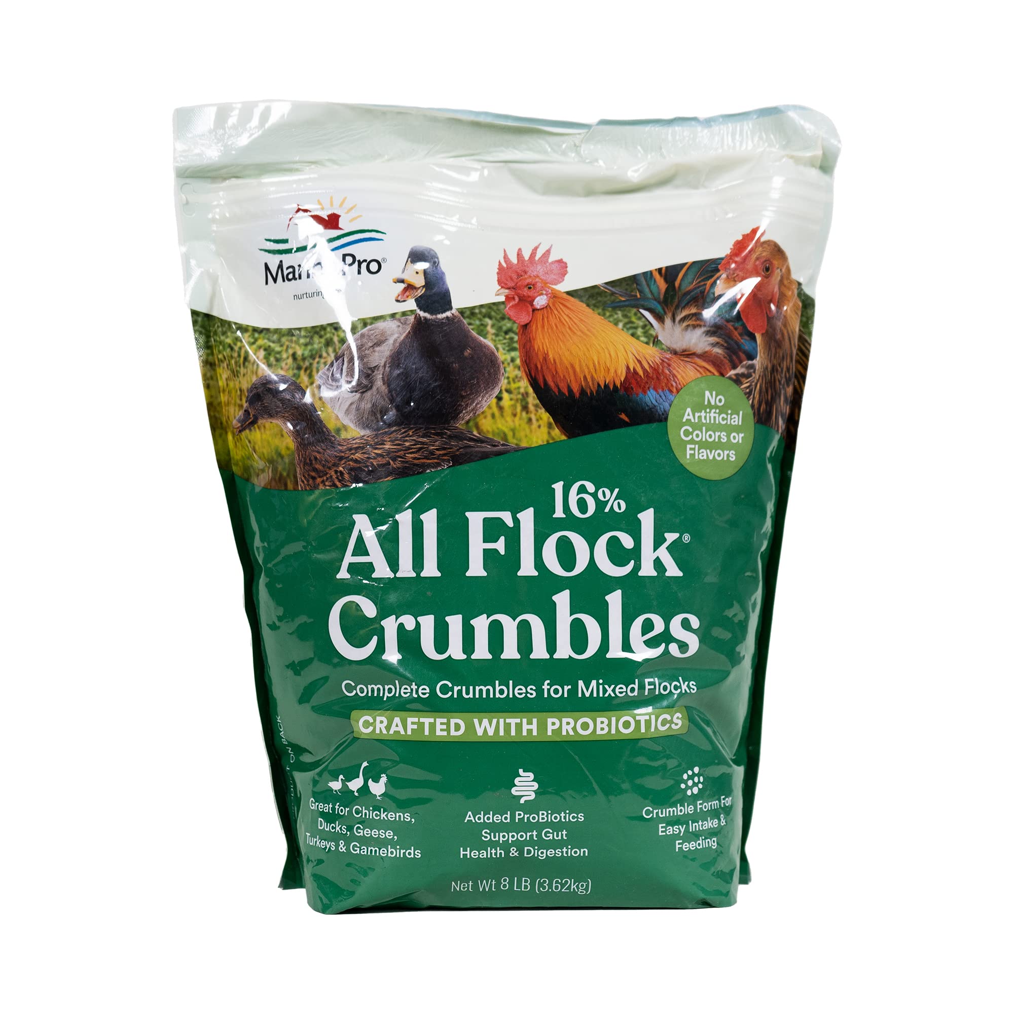 Manna Pro All Flock Crumbles bag for diverse backyard flocks.