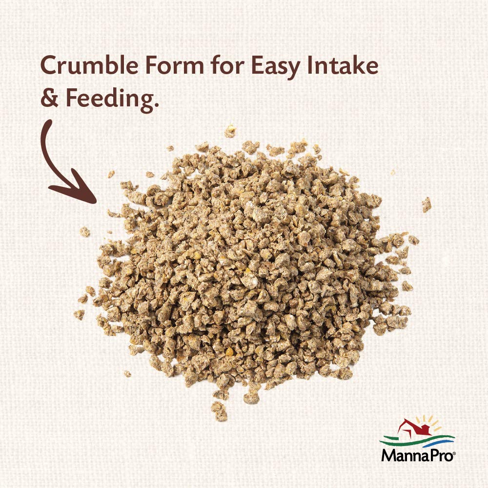 Close-up of Manna Pro crumble texture ideal for easy feeding.