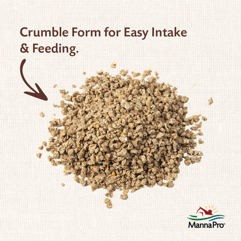 Close-up of Manna Pro crumble texture ideal for easy feeding.