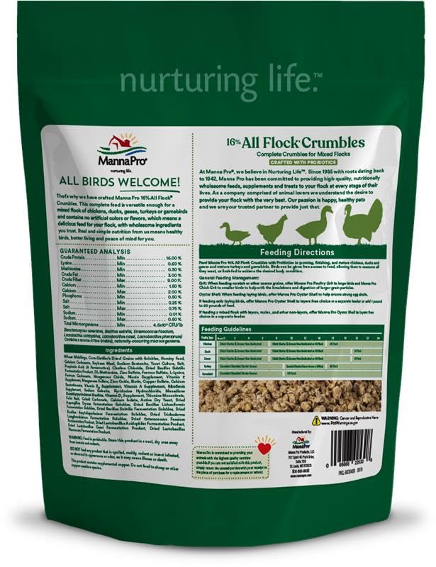 Manna Pro All Flock Crumbles ideal year-round feed for backyard flocks.