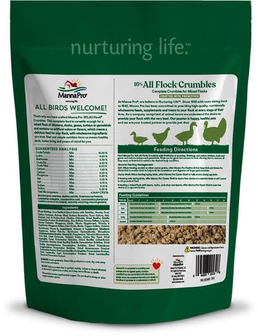 Manna Pro All Flock Crumbles ideal year-round feed for backyard flocks.