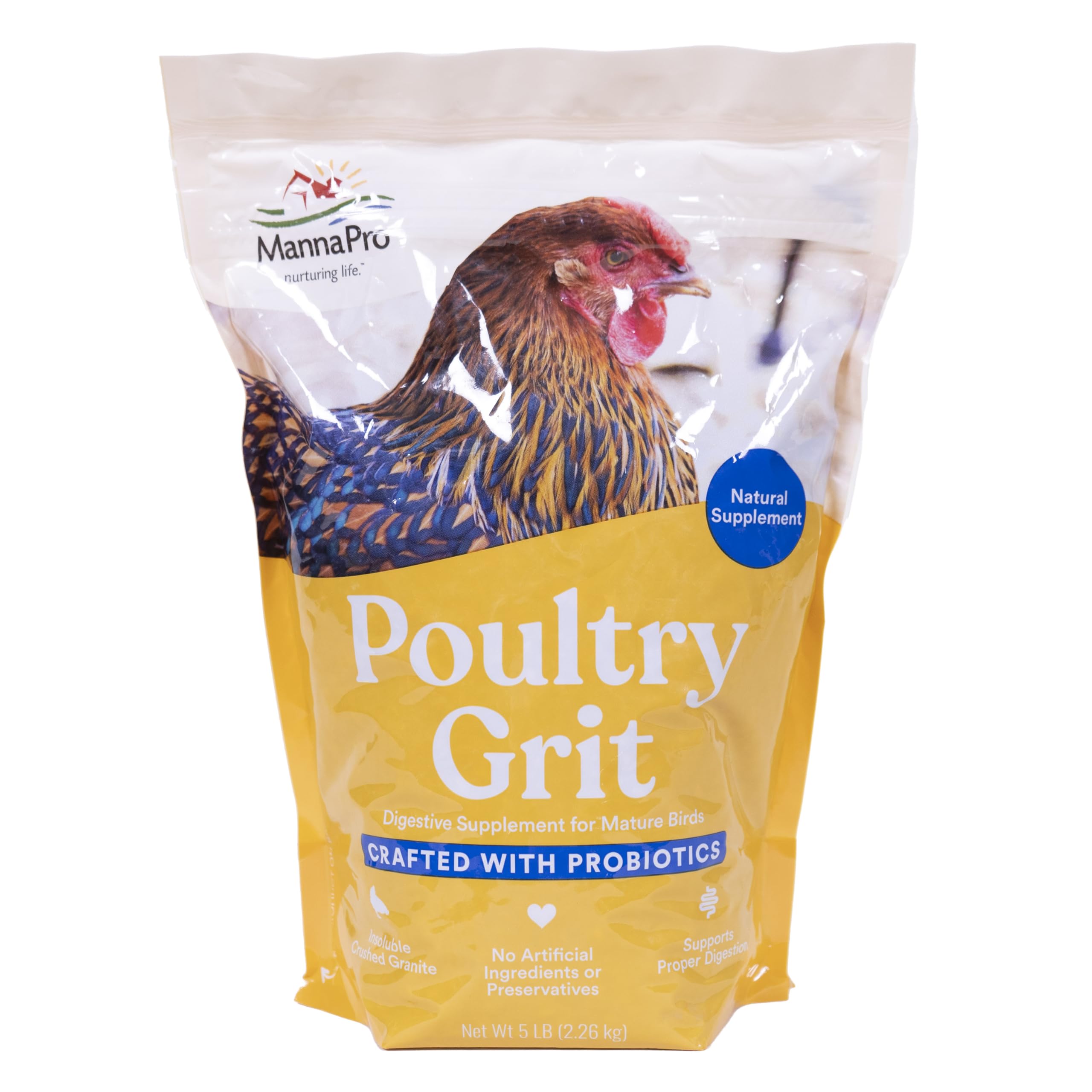 Manna Pro Chicken Grit with Probiotics bag front boosts digestion for backyard flocks.