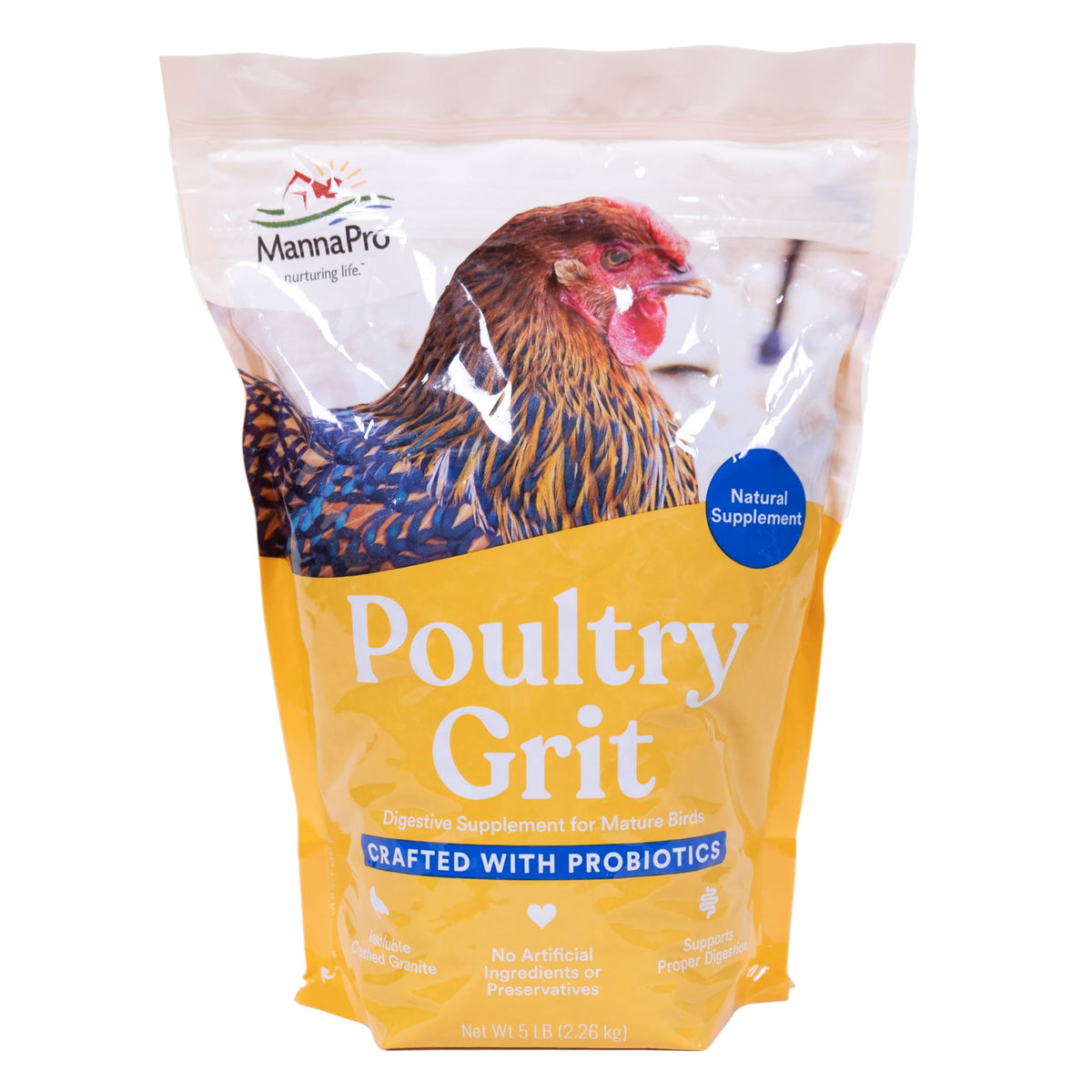 Manna Pro Chicken Grit with Probiotics bag front boosts digestion for backyard flocks.