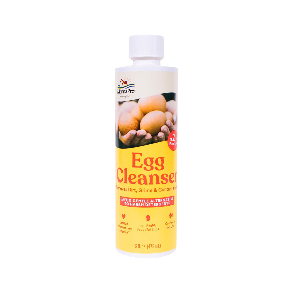 Manna Pro Egg Cleanser bottle pour, convenient cleaning for farm-fresh eggs.