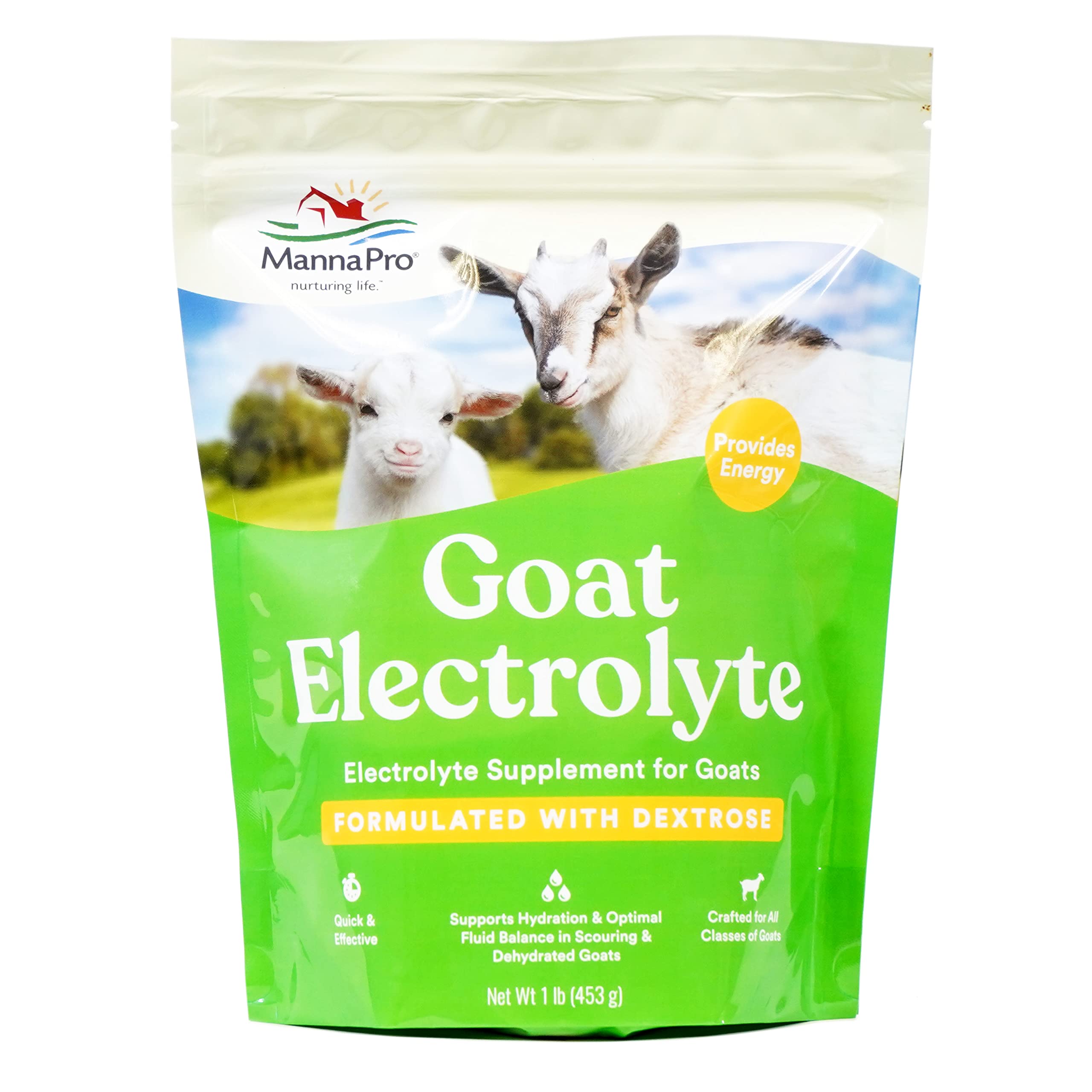 Manna Pro Goat Electrolyte bottle closeup highlighting hydration support for goats