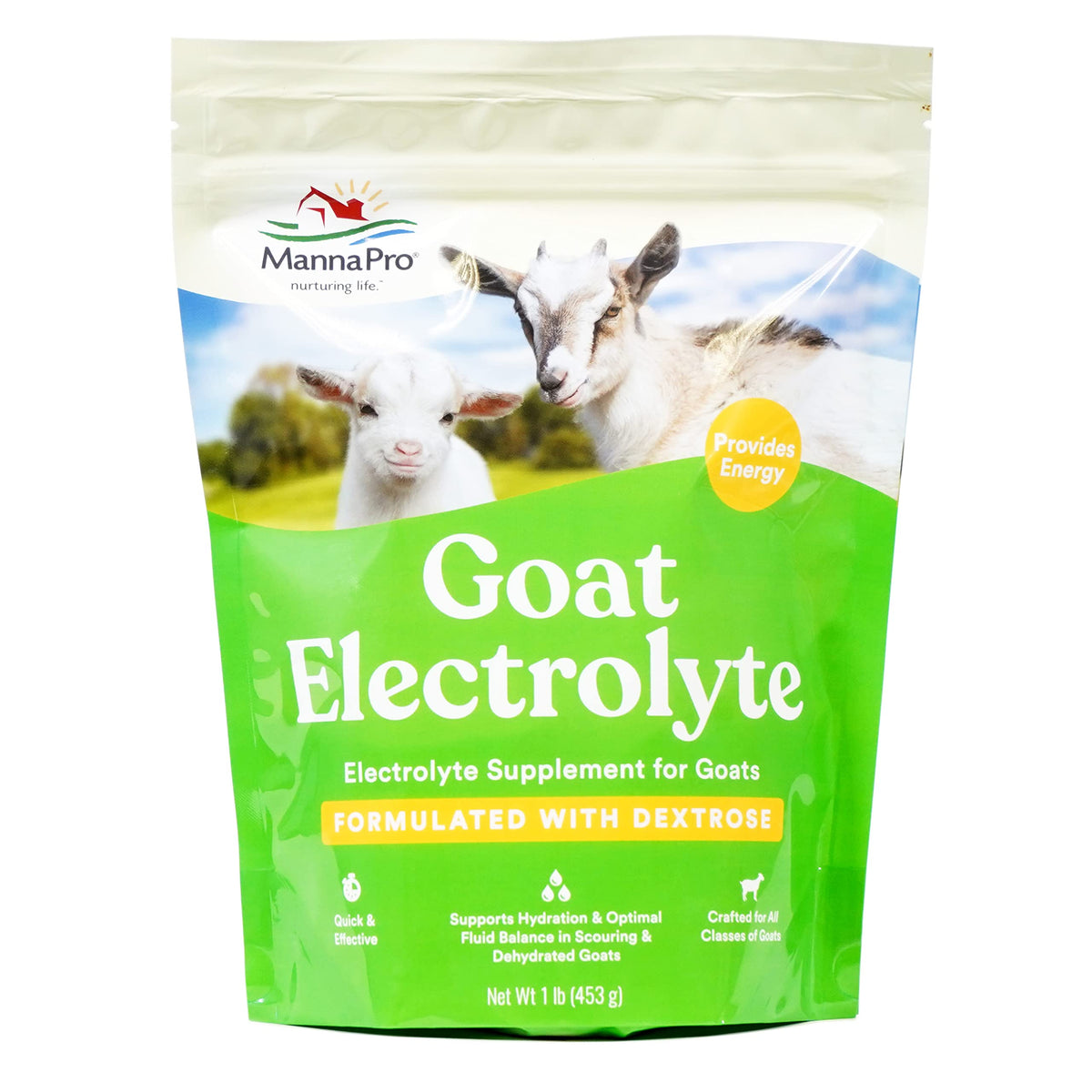 Manna Pro Goat Electrolyte bottle closeup highlighting hydration support for goats