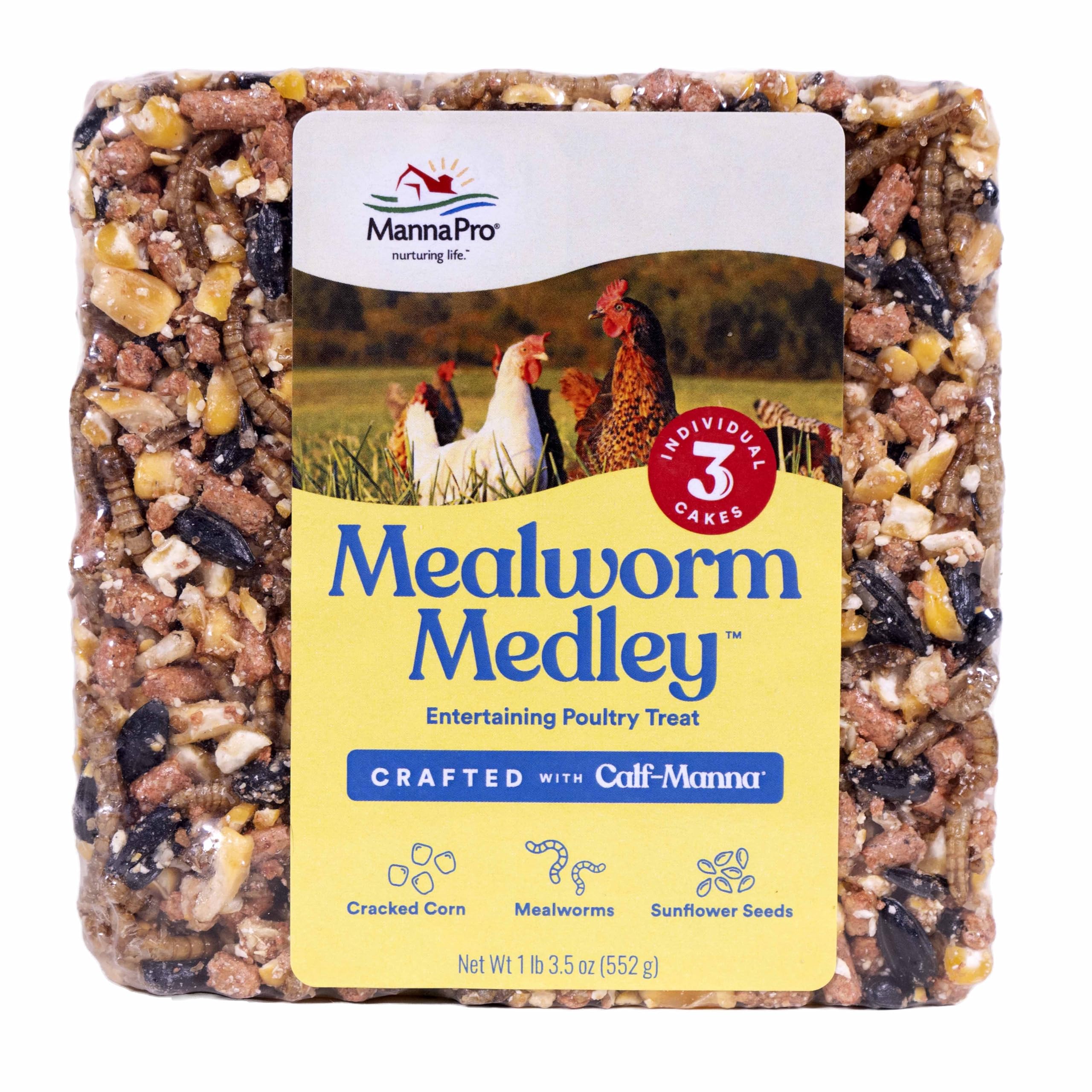 Manna Pro Mealworm Medley Cake for chickens, a tasty protein snack that supports vitality.