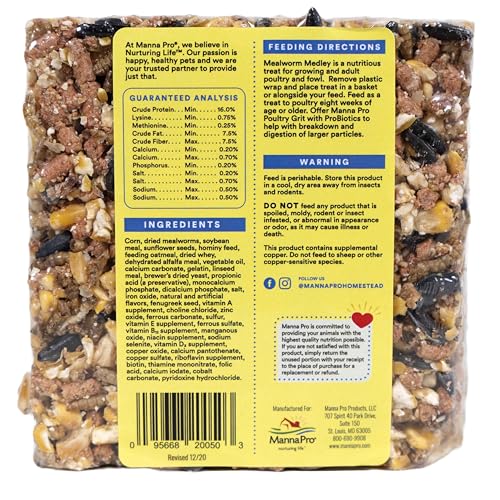 Manna Pro Mealworm Medley Cake for turkeys, a flavorful high-protein treat that encourages foraging.