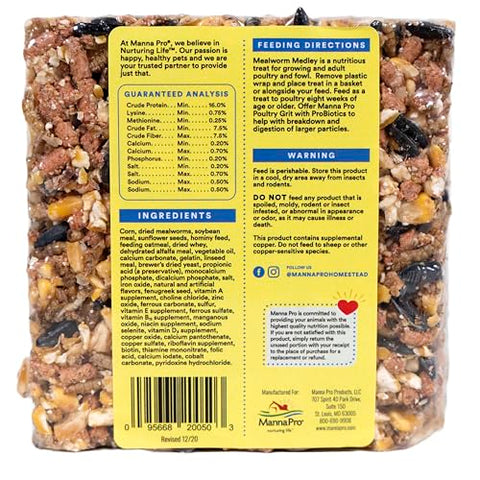 Manna Pro Mealworm Medley Cake for turkeys, a flavorful high-protein treat that encourages foraging.