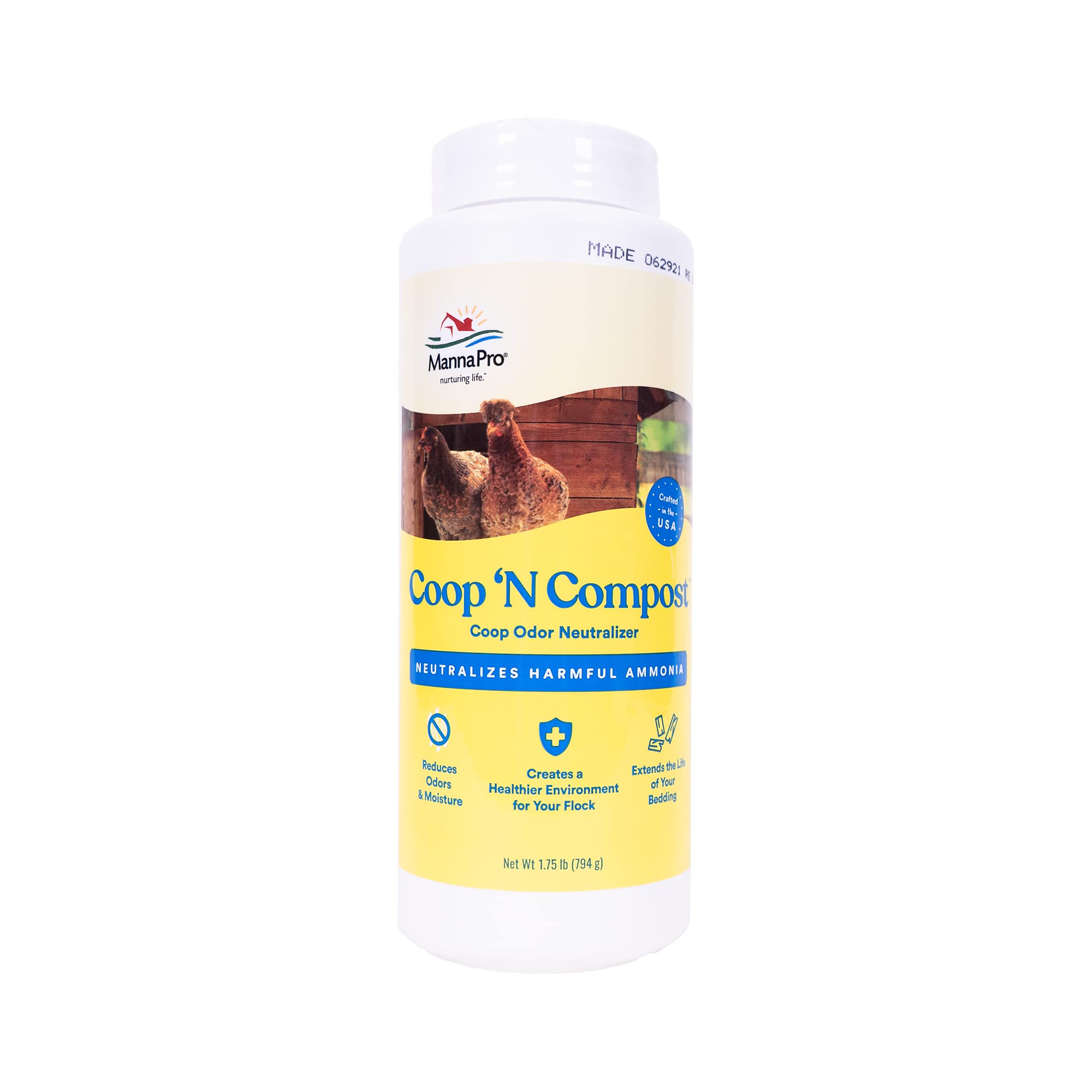 Manna Pro Coop 'N Compost neutralizes odors in backyard coops.