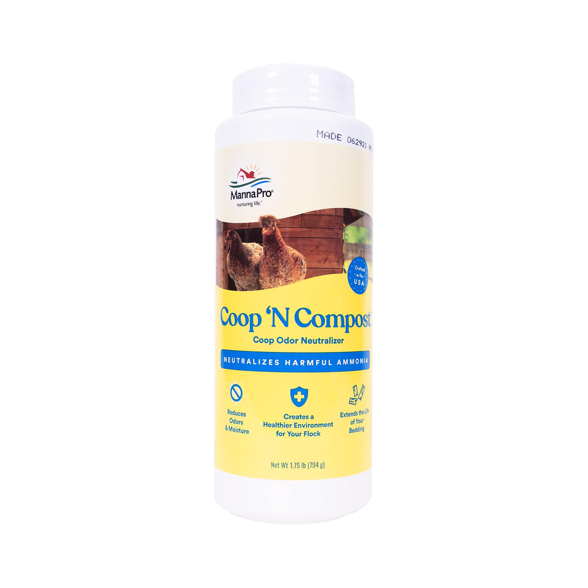 Manna Pro Coop 'N Compost neutralizes odors in backyard coops.