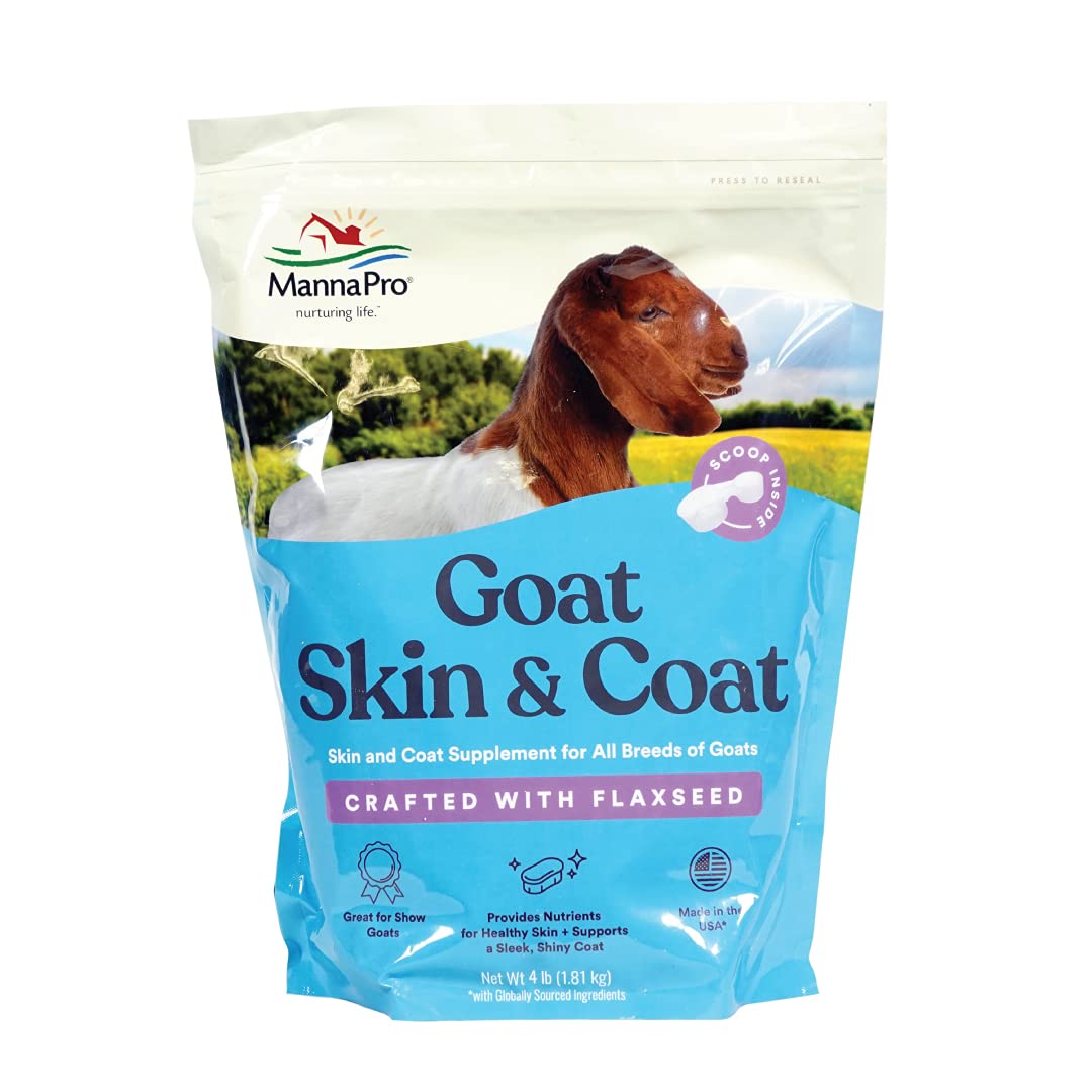 Manna Pro Goat Skin & Coat Supplement bottle label demonstrates trusted nutrition for healthy skin.