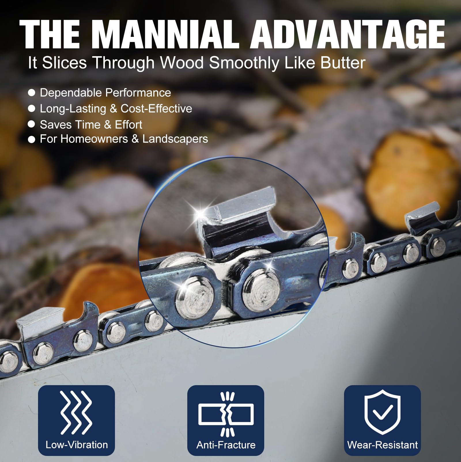 Mannial chain mounted on bar demonstrating full-chisel design for clean cuts.