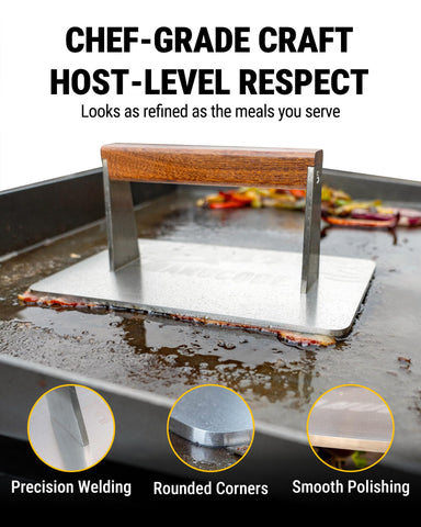 Manucode bacon press in use on a griddle for flattening and browning