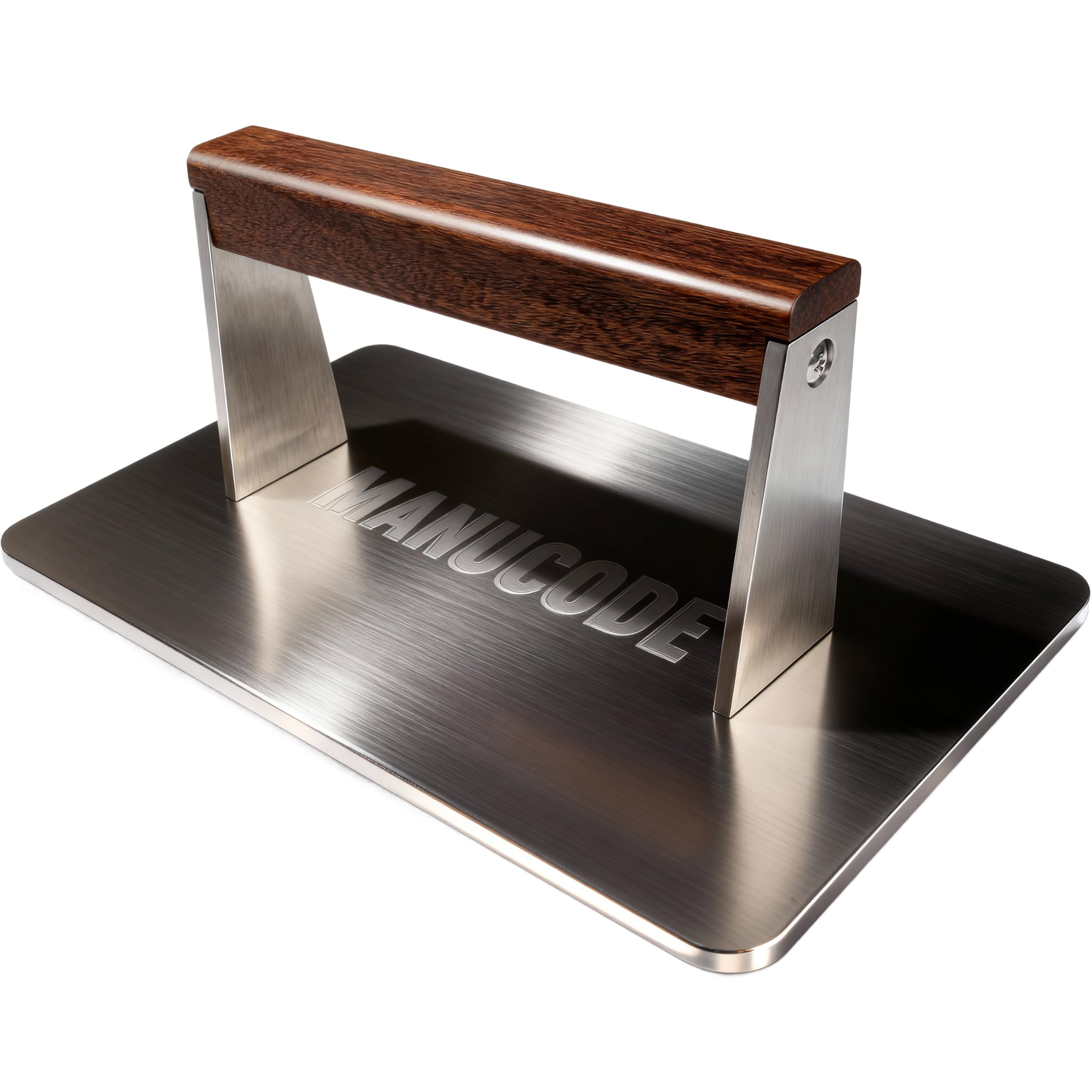 Manucode bacon press stainless steel top view shows even heating for crispy burgers