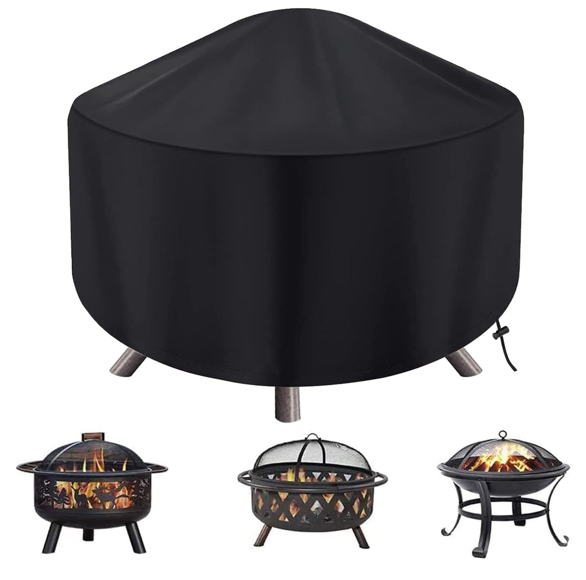 Maobutte round fire pit cover installed, full coverage up to 34 inches.
