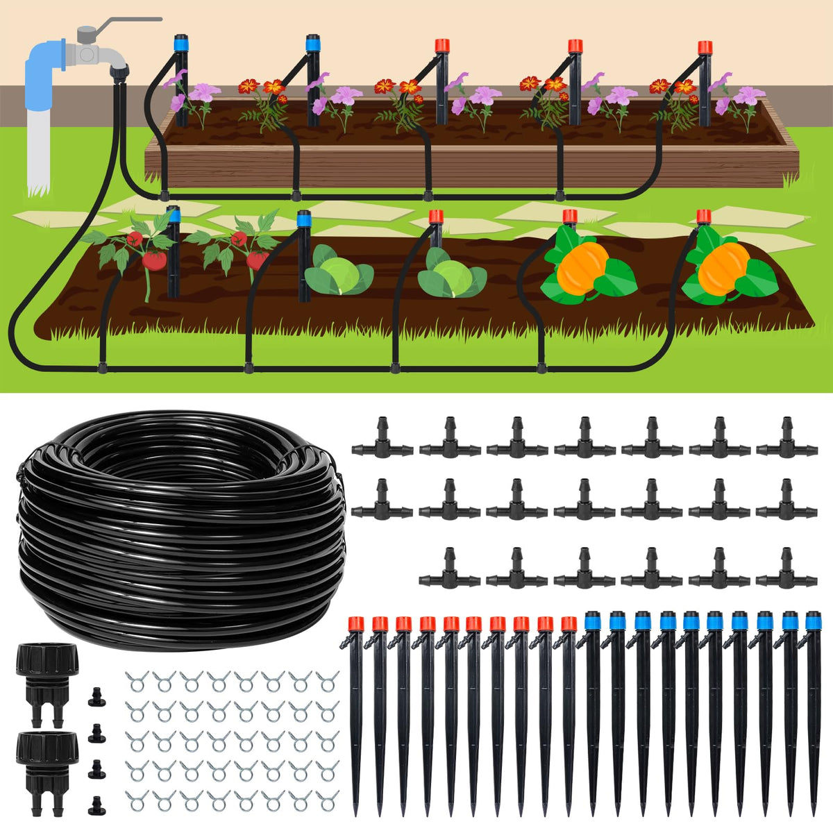 Maotong 110ft tubing layout waters garden beds evenly and efficiently