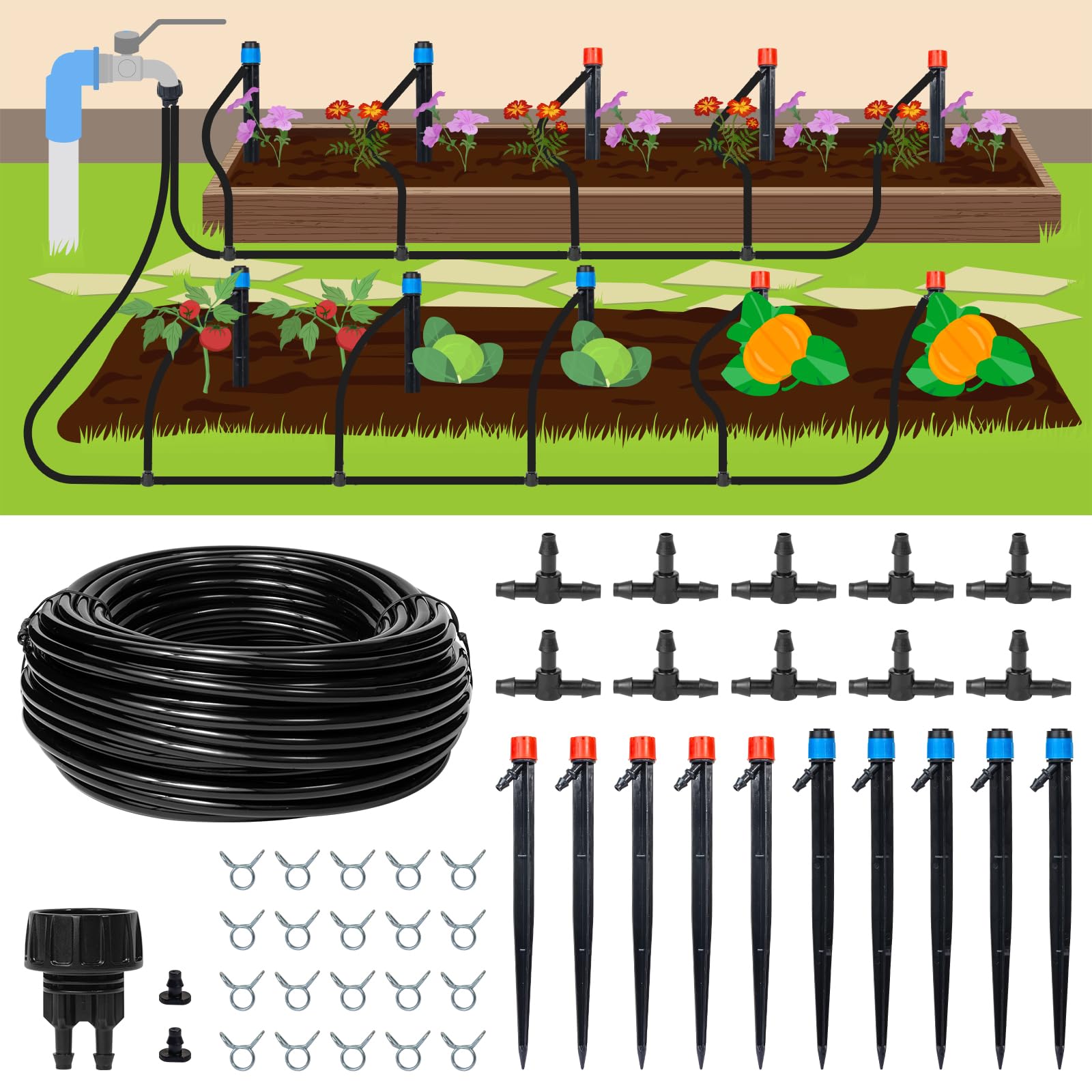 Maotong 55ft drip irrigation kit showing tubing layout for efficient watering