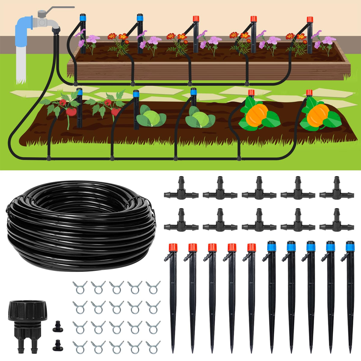 Maotong 55ft drip irrigation kit showing tubing layout for efficient watering