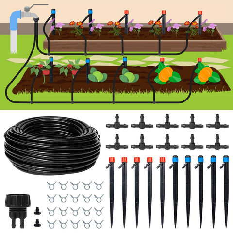 Maotong 55ft drip irrigation kit showing tubing layout for efficient watering