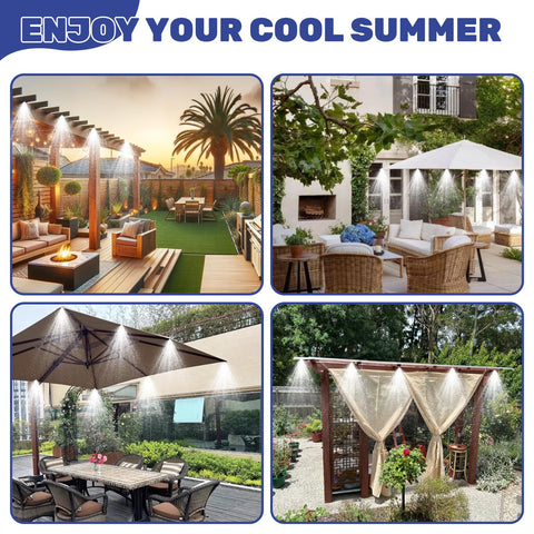 Maotong backyard misting system setup on a deck creates a refreshing outdoor sanctuary.