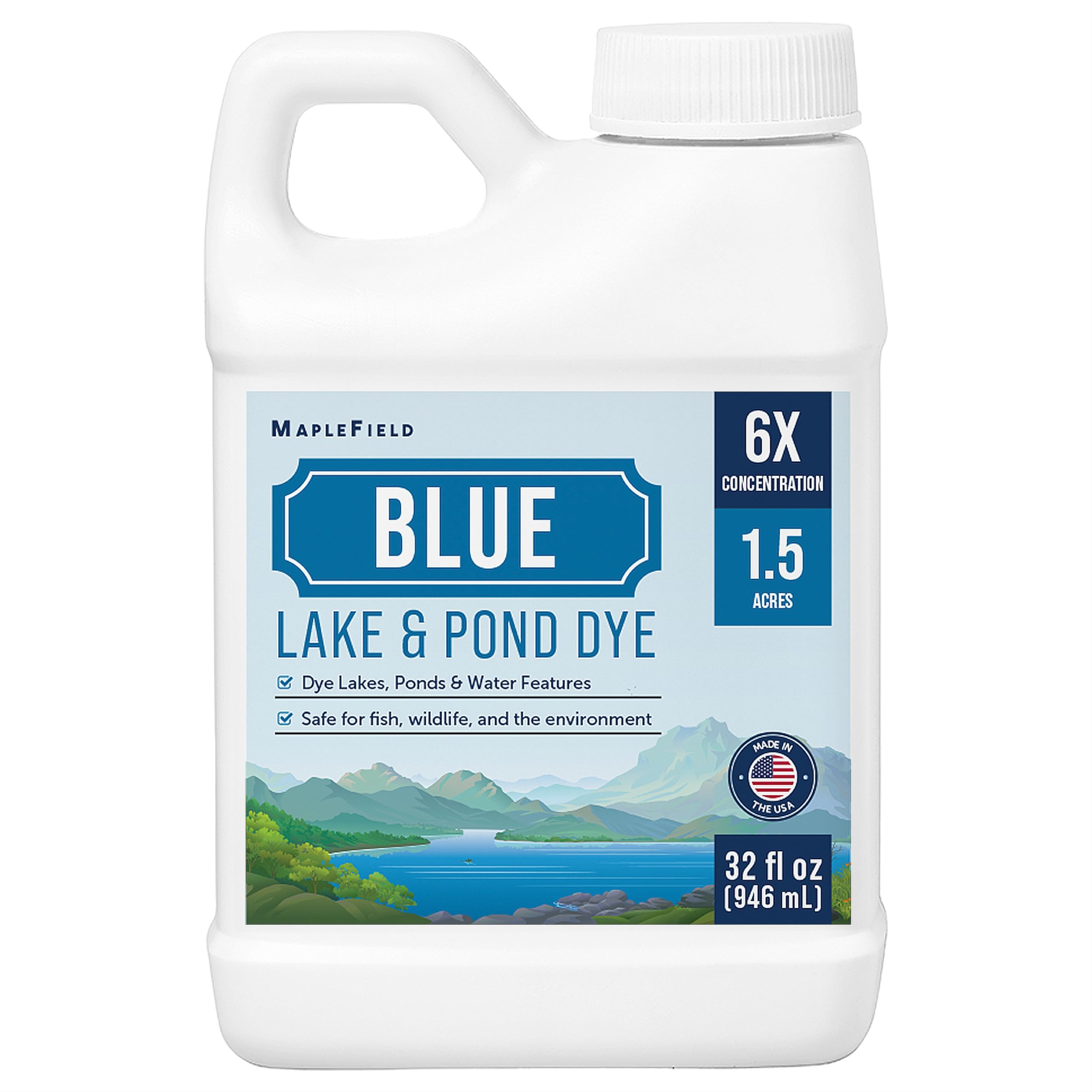 Maplefield blue pond dye bottle pour shows easy edge application for vibrant pond color