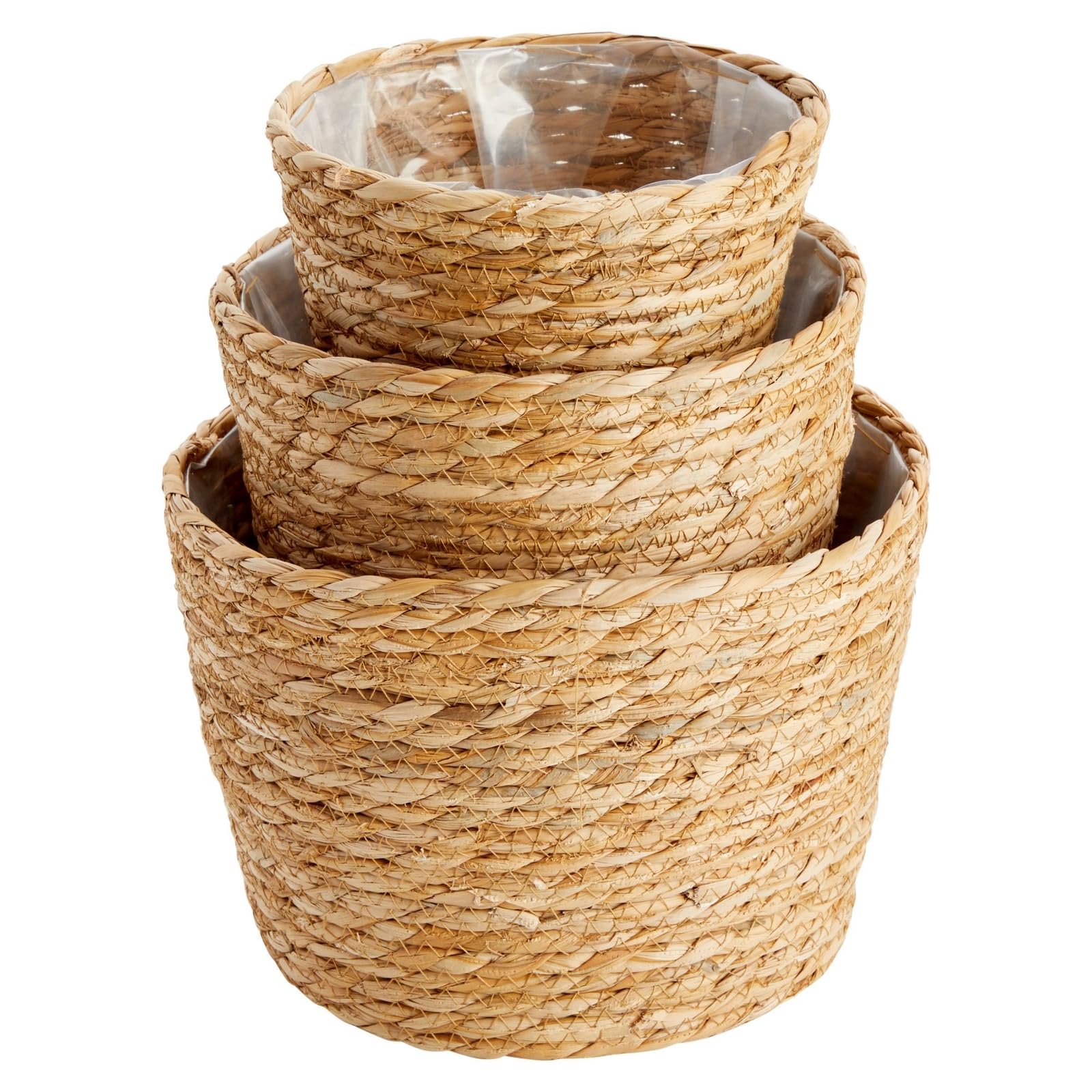 Seagrass basket with nursery pots demonstrating practical display.