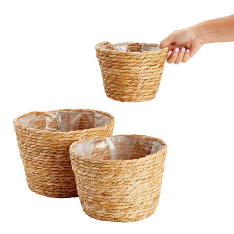 Closeup of woven seagrass basket highlighting craftsmanship.
