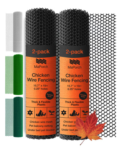 MaPorch chicken wire fence with black mesh protects gardens.